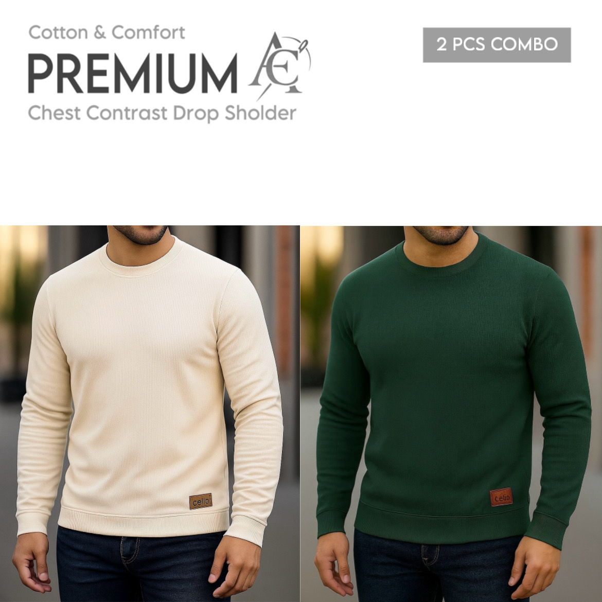 Rib Full Sleeve Bottle Green-Cream