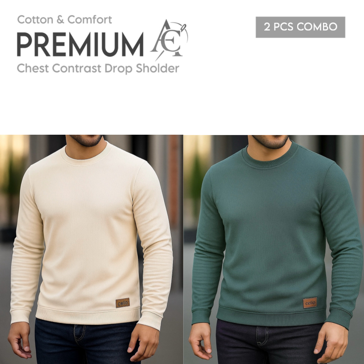 Rib Full Sleeve Cream-Pstle Greeen